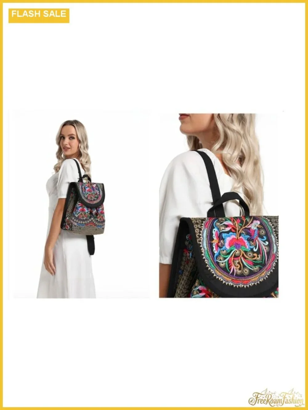 Embroidered Canvas Boho Backpack Purse